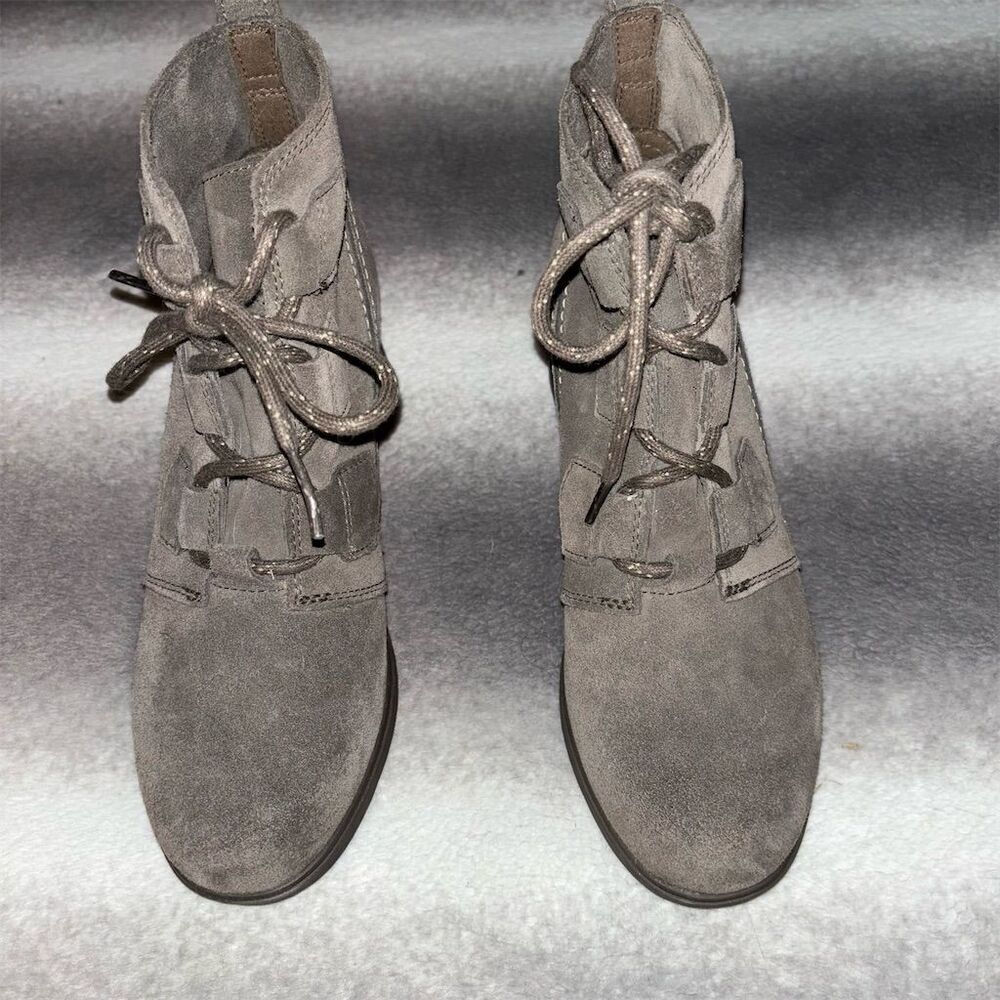 SOREL Evie Taupe Grey Suede Lace Up Waterproof Wedge Ankle Bootie Size 8 - Picture 6 of 12